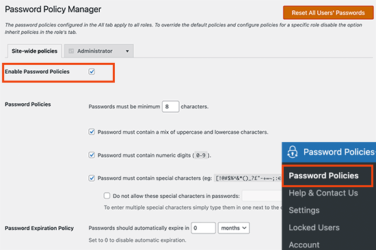 Set up password policy for all users