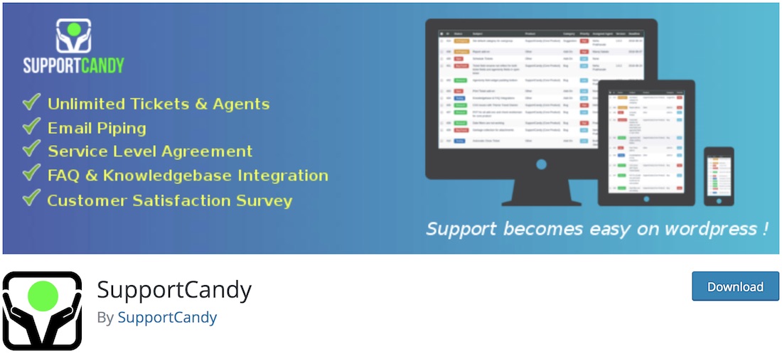 Complemento de soporte de servicio al cliente de supportcandy para wordpress