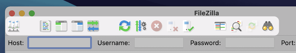Bara de instrumente FileZilla.