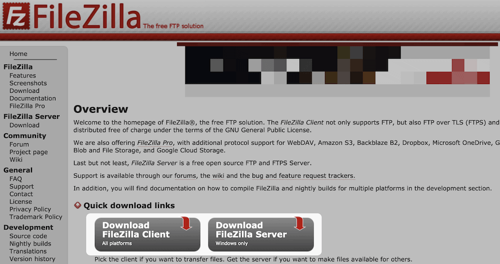 Pagina de pornire FileZilla.