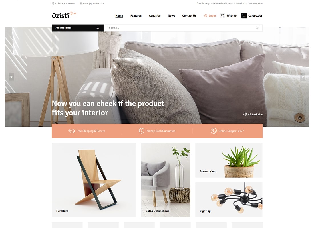 Ozisti | Un tema de WordPress de lujo listo para la tienda de realidad aumentada WooCommerce de múltiples conceptos