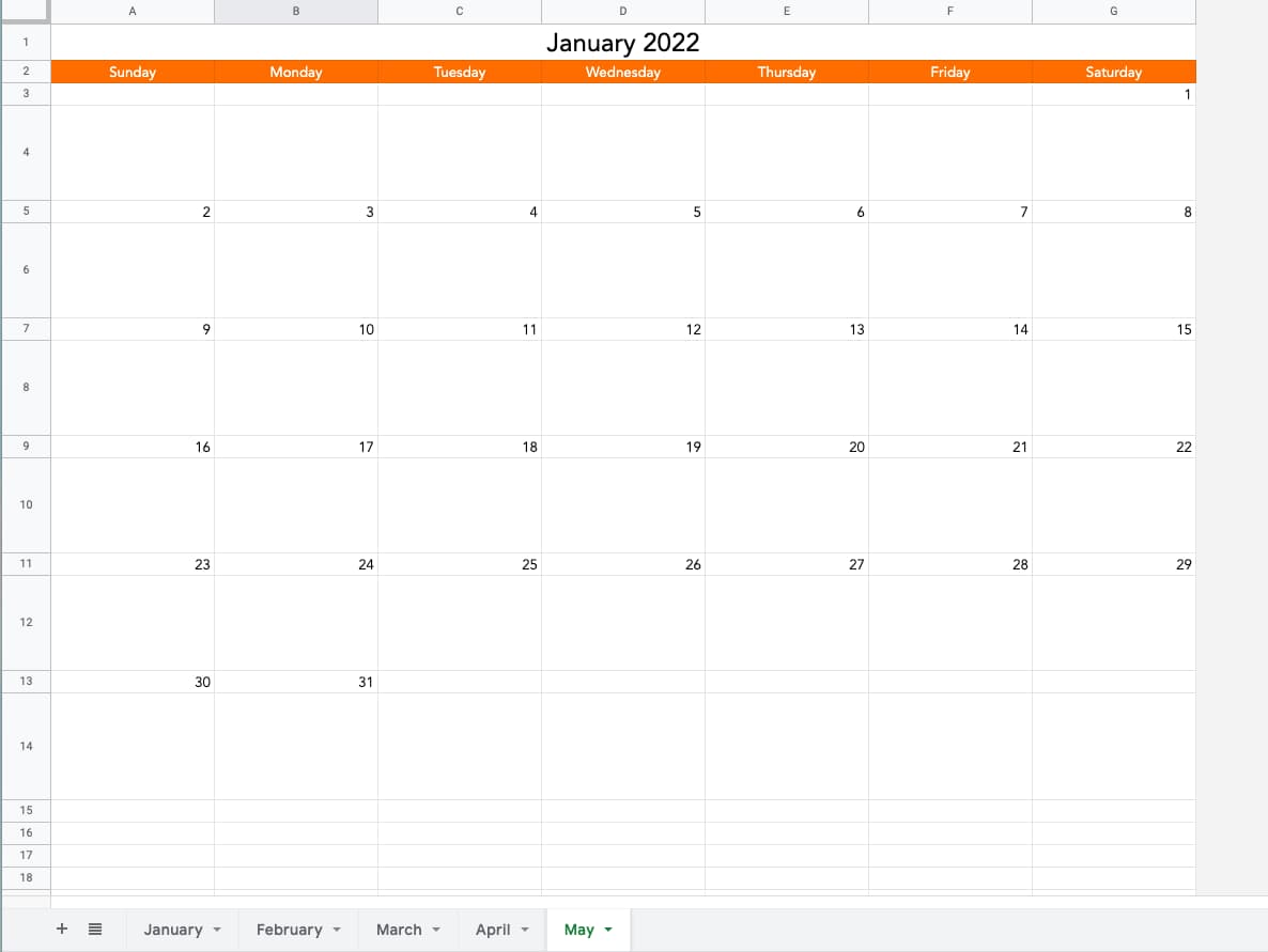 Calendario de Google Sheets de enero a mayo