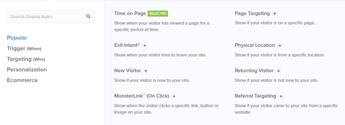 Reglas de visualización de OptinMonster