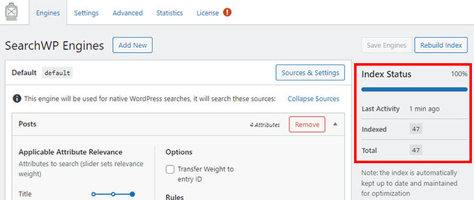 SearchWP index status