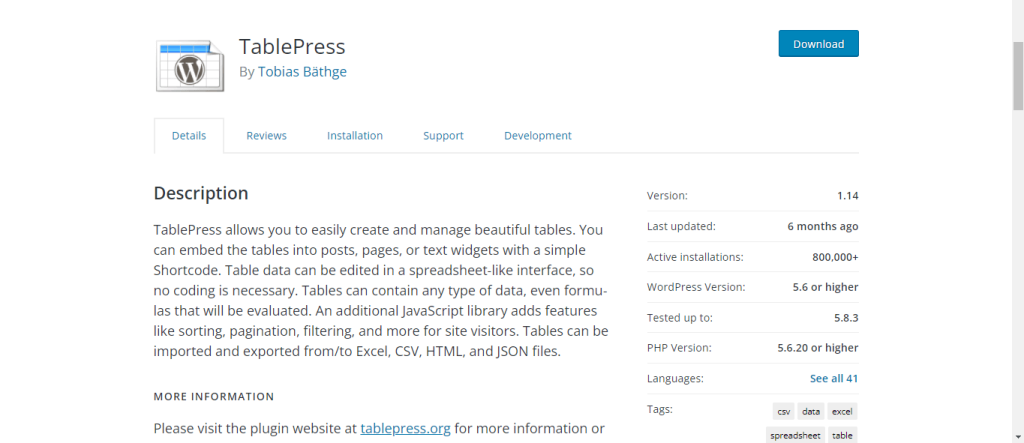 tablepress wordpress 表格插件