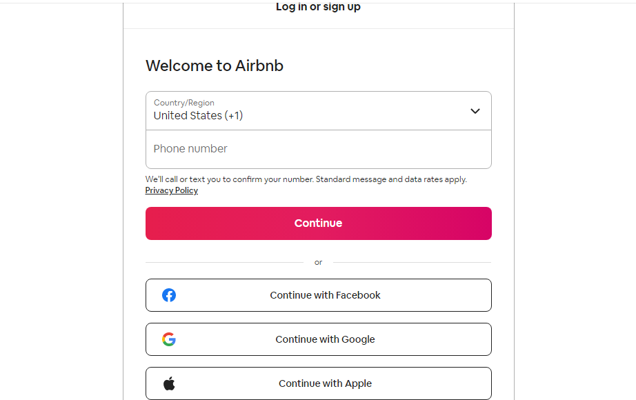 Strona logowania Airbnb