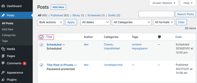 Click the Checkbox Next to Title to Select All Posts