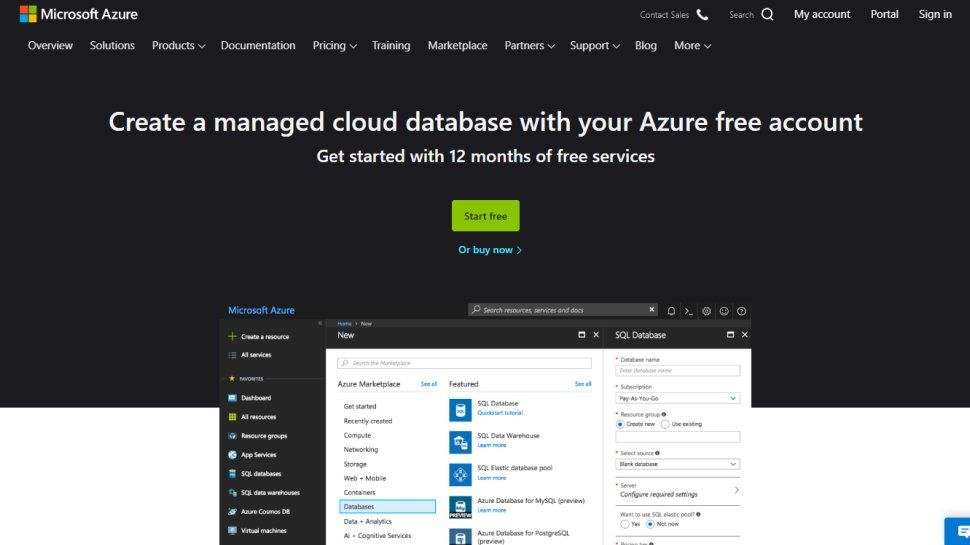 Website-Screenshot für Microsoft Azure SQL-Datenbank