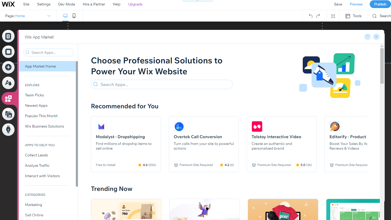 Wix'in App Market ana sayfası