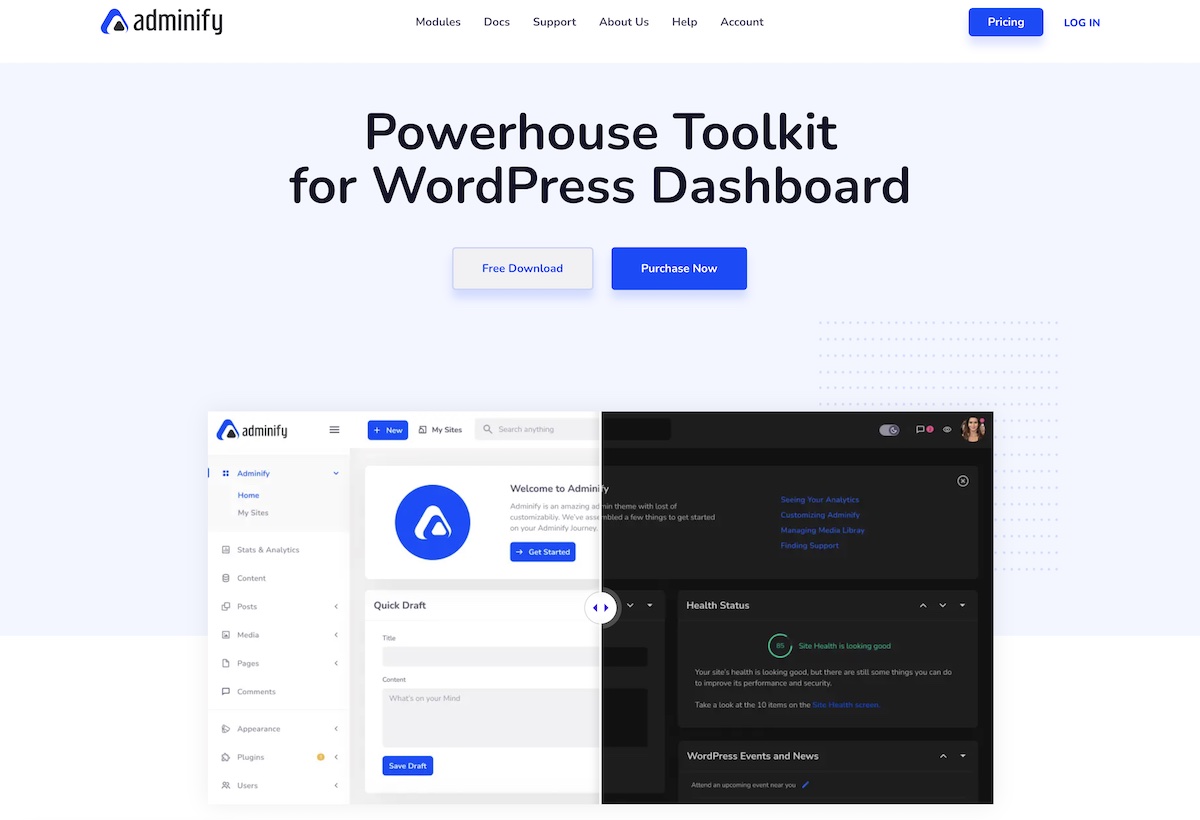 wpadminify setul de instrumente pentru tabloul de bord de administrare wordpress