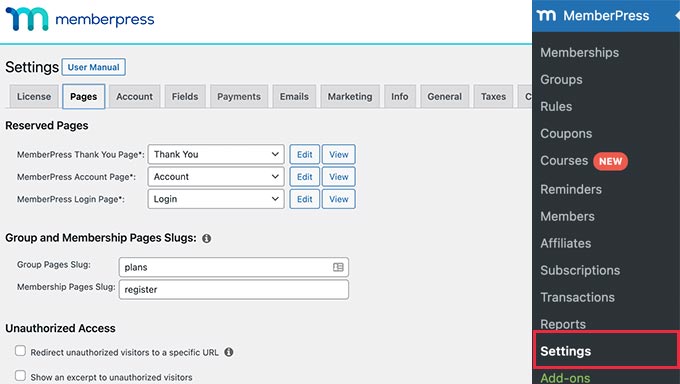 MemberPress settings