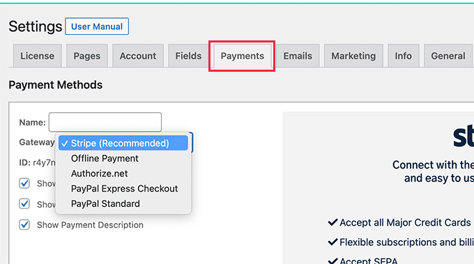 Setup payments method