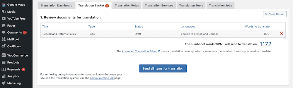 Coșul de traduceri.