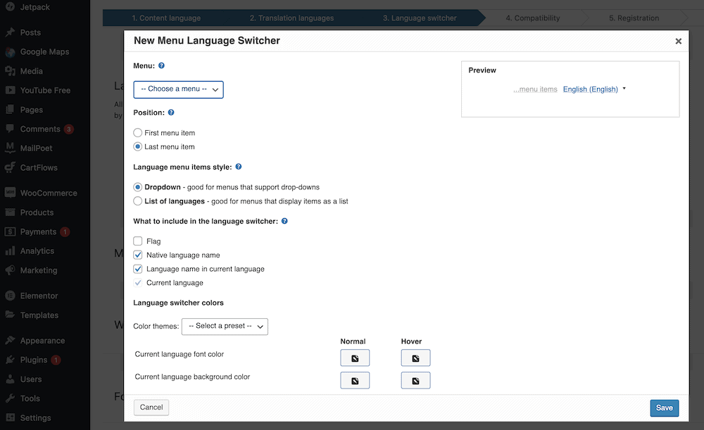 Escolhendo opções para o seletor de idioma.