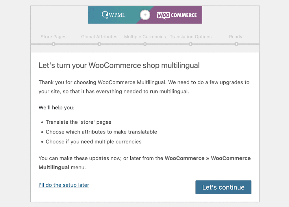 La procedura guidata di configurazione multilingue di WooCommerce.