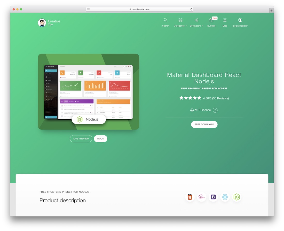 material tablou de bord react nodejs free react template