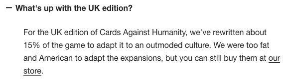 Cards Against Humanity édition britannique réponse sarcastique