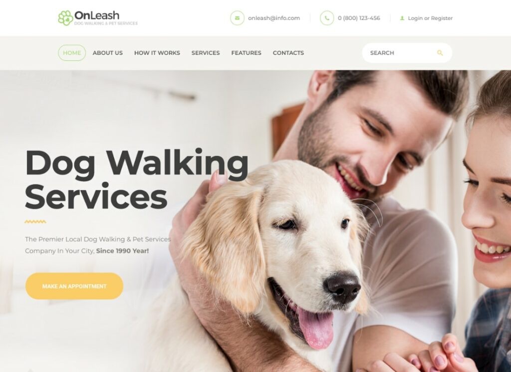 OnLeash | موضوع ووردبريس للمشي الكلب وخدمات الحيوانات الأليفة