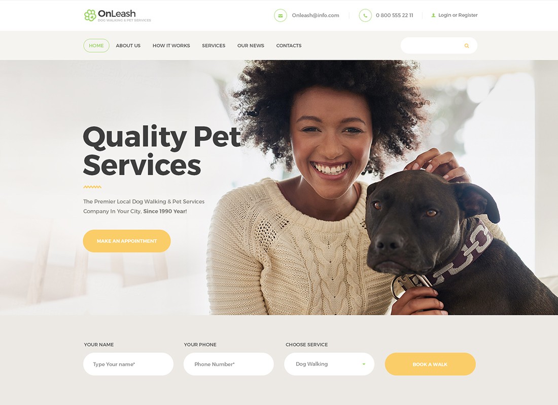 OnLeash - Tema WordPress para passear com cães e serviços para animais de estimação