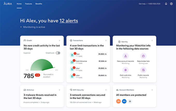 Aura Identity Theft and Credit Monitoring - Sample Dashboard