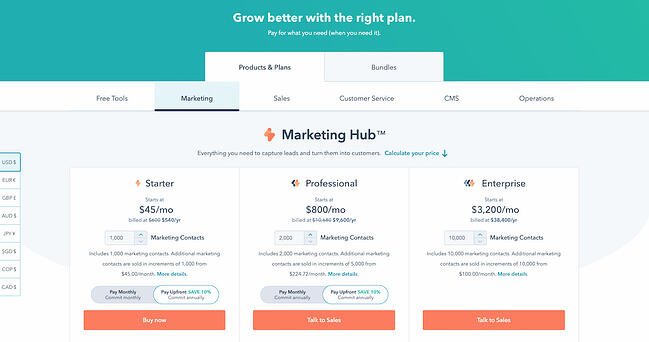 halaman harga terbaik: hub pemasaran hubspot