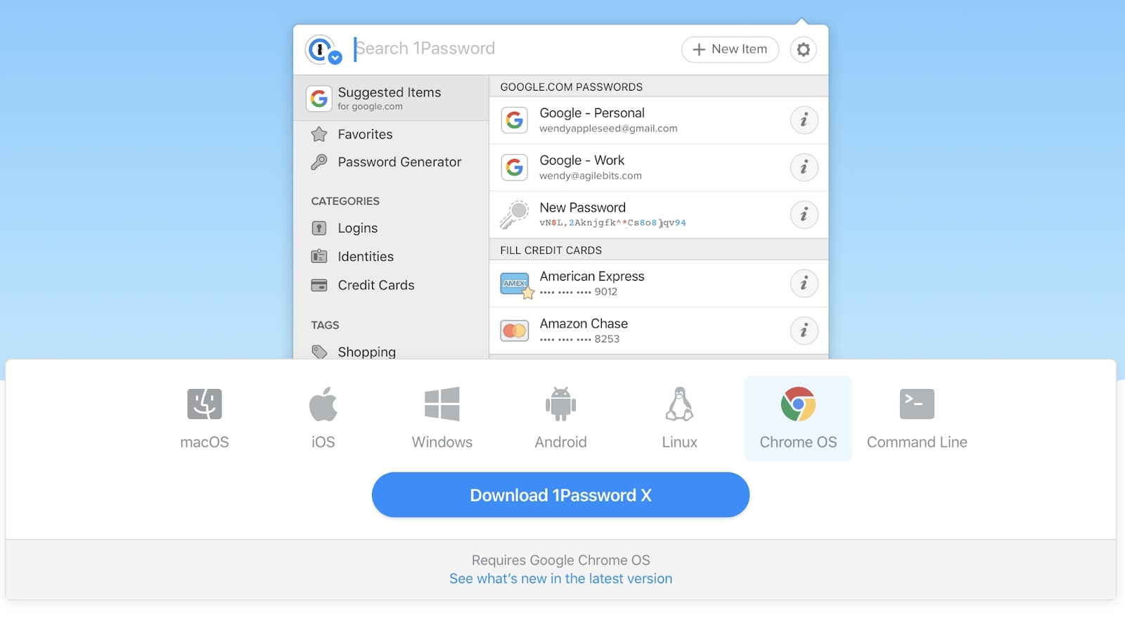 Веб-страница 1Password для своего приложения Chrome OS