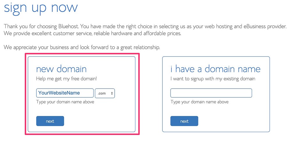 bluehost - pilih nama situs web Anda