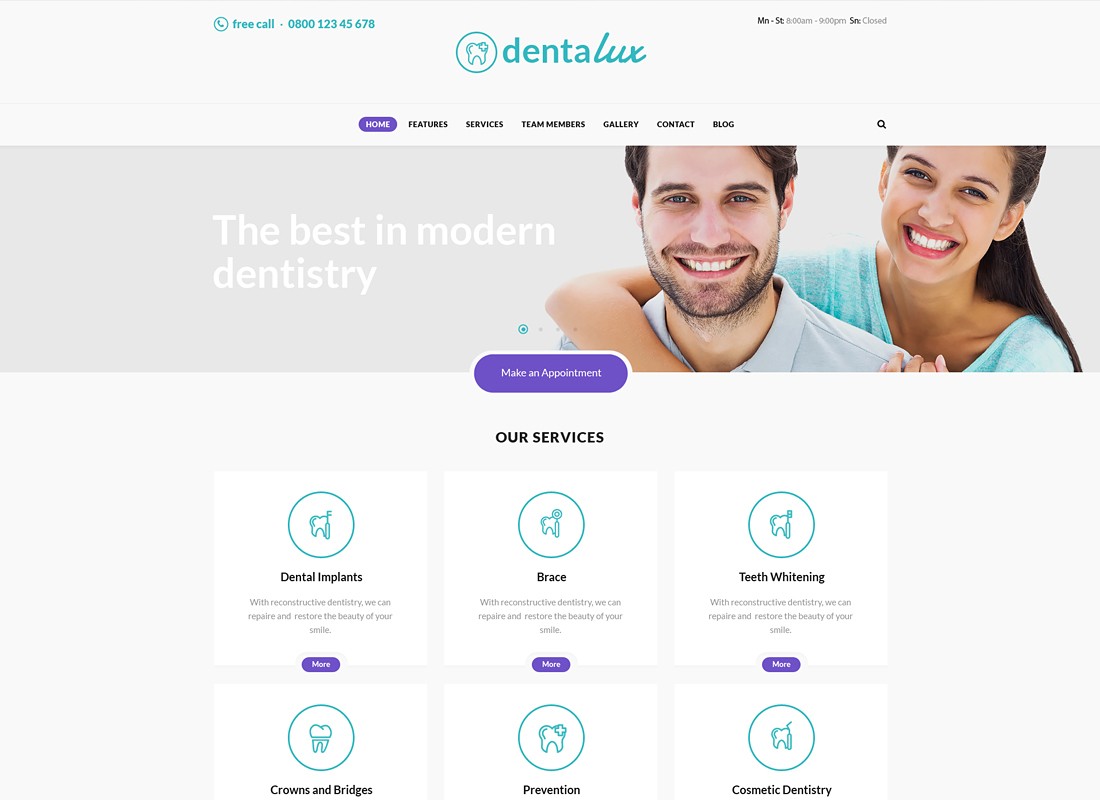 Dentalux | Un tema de WordPress para dentistas médicos y sanitarios