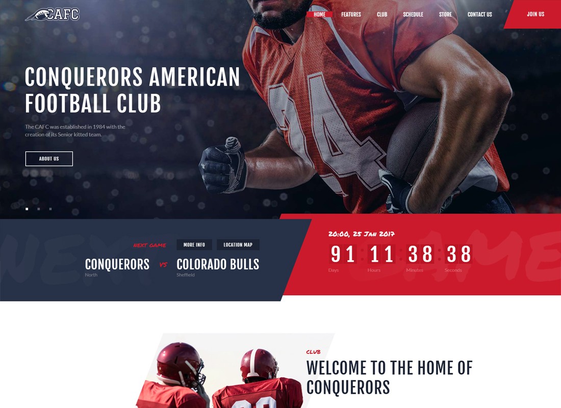 Zdobywcy | Motyw WordPress na temat American Football Club