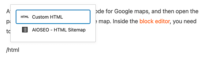 Select Custom HTML block in WordPress