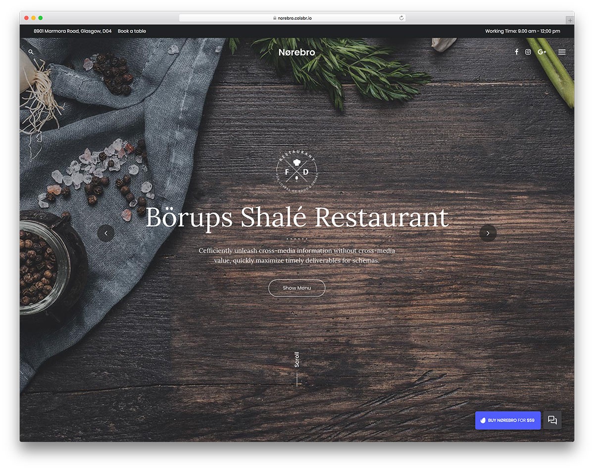 Tema WordPress de restaurante em tela cheia