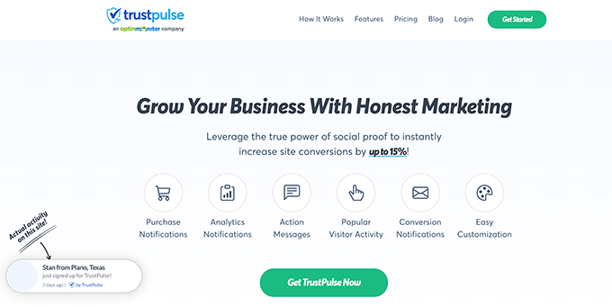 Social proof via TrustPulse