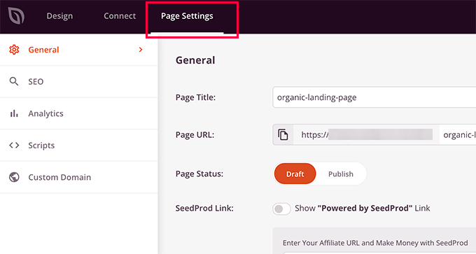 Landing page settings