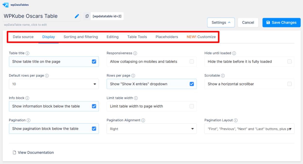 configuración de la tabla wpDataTables