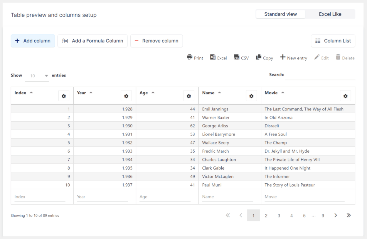 editor estándar de wpDataTables