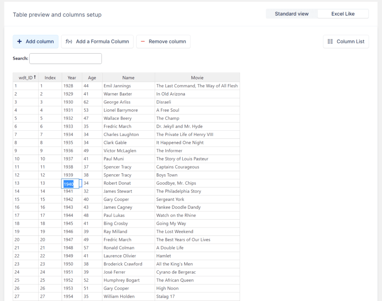 editor de excel wpdatatables