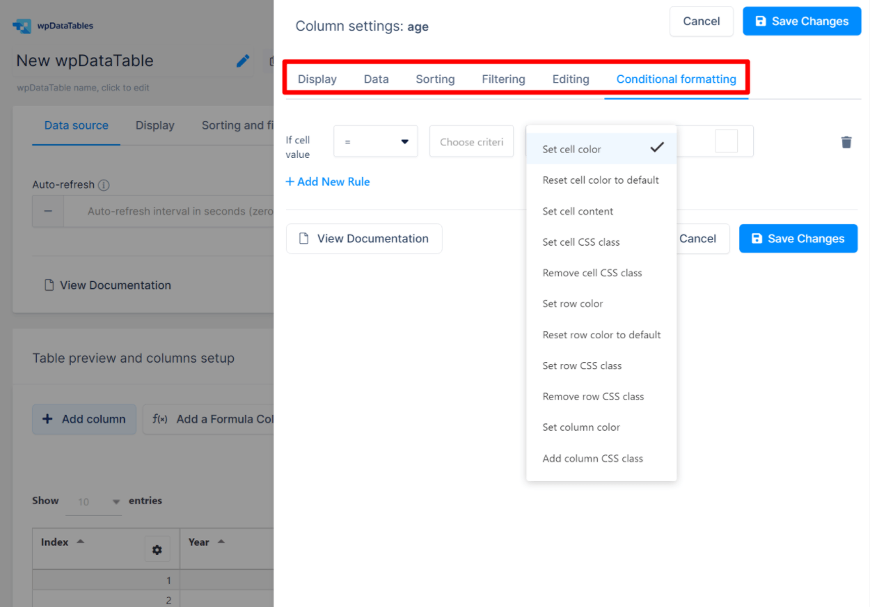 configuración de la columna wpDataTables