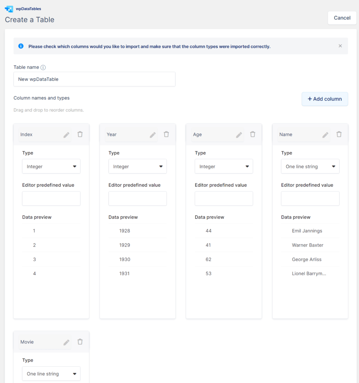 Configuración de columnas de tabla en wpDataTables