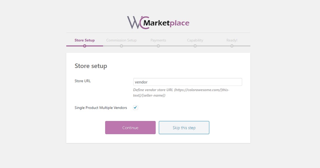 Página de configuração do WC Marketplace