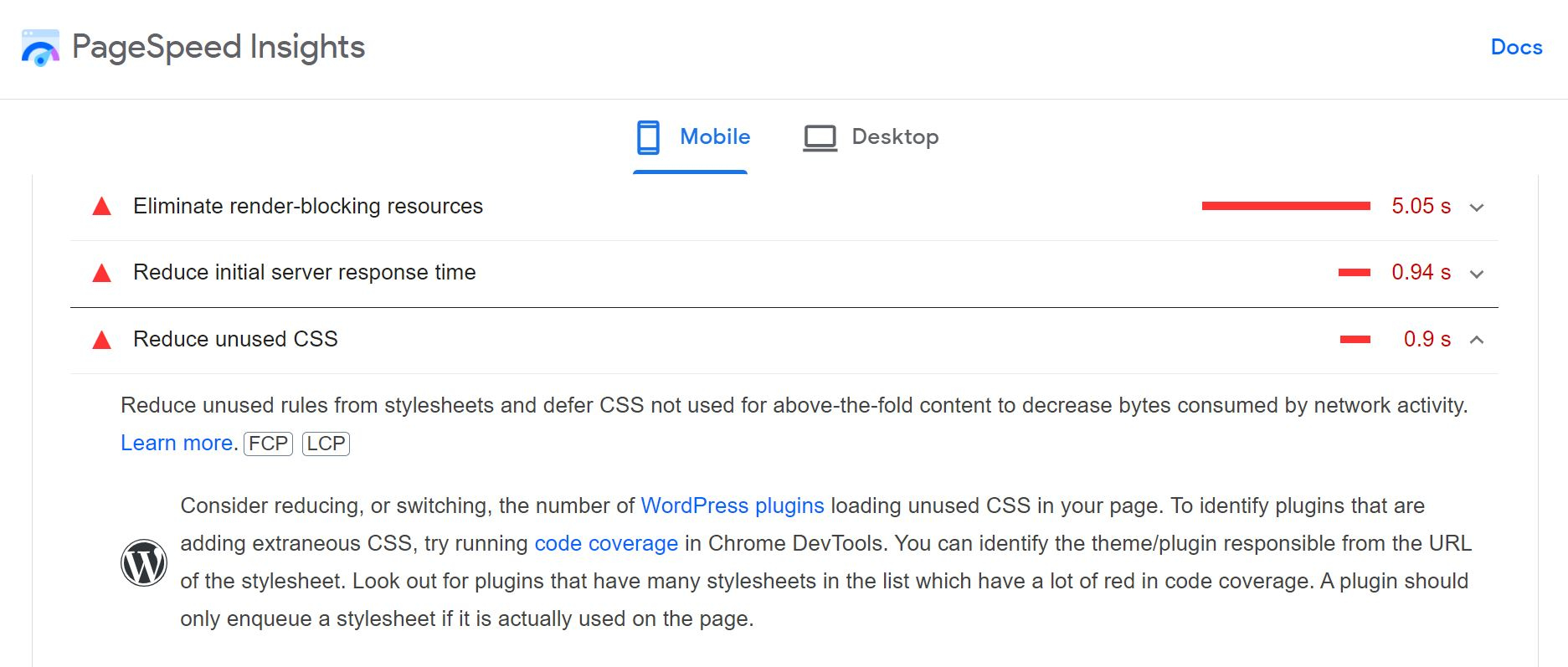 Recomendação do PageSpeed ​​Insights para reduzir CSS não utilizado