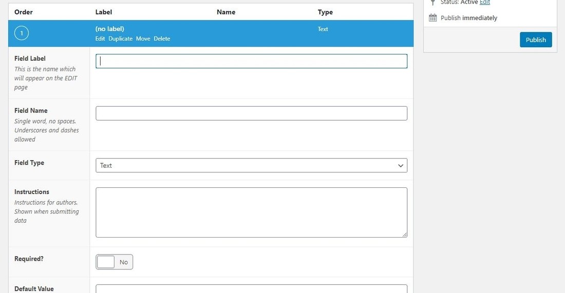 Página de configuración avanzada de campos personalizados