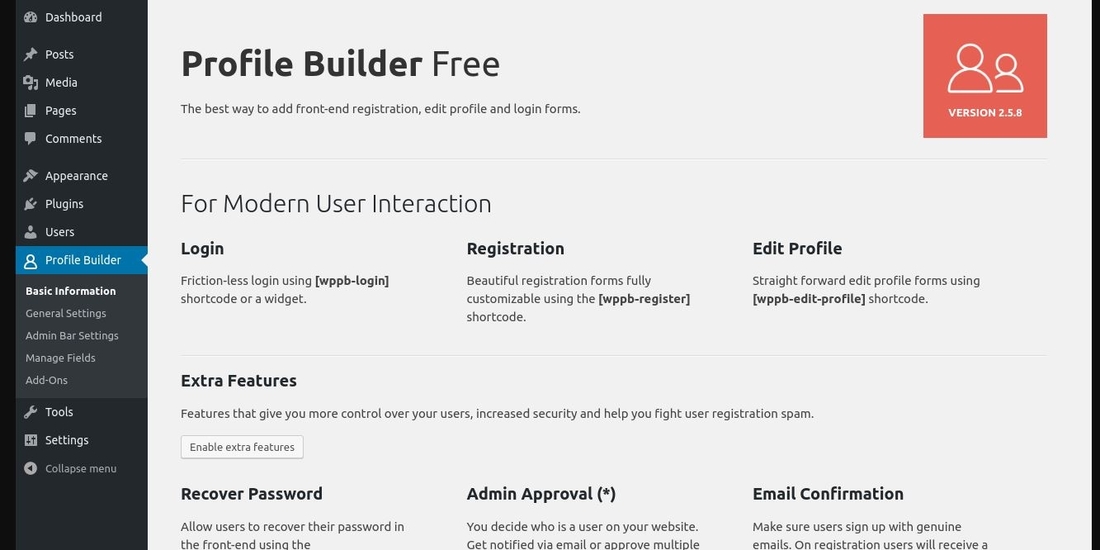 Registro do usuário e perfil do usuário – página de configuração do Profile Builder