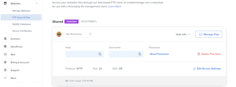 A tela SFTP dentro do DreamHost.