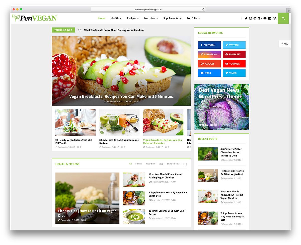 Tema WordPress de blog de comida vegana