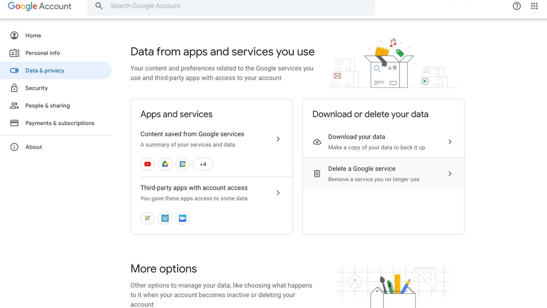 Googleのデータとプライバシーメニューオプションのスクリーンショット