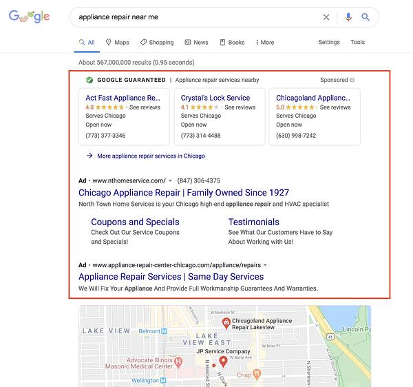 مثال لإعلان بحث مدفوع الأجر عن "إصلاح جهاز بالقرب مني" في google serp