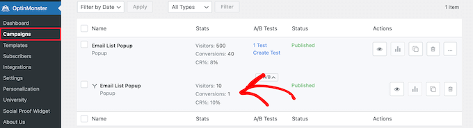 View split test conversion data