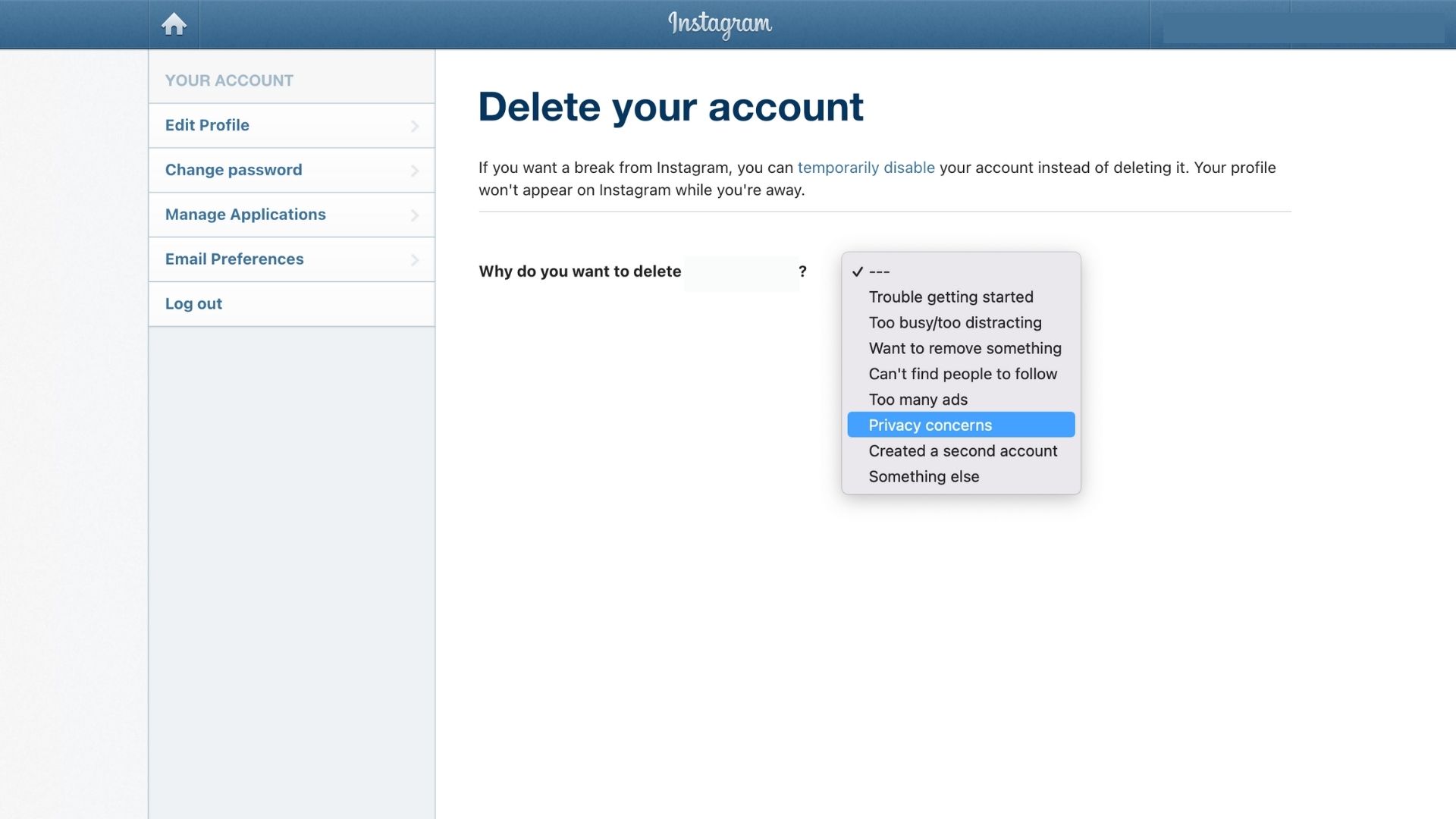 Instagramのアカウントを削除する理由のドロップダウンリスト、Instagramのアカウントの削除ページ