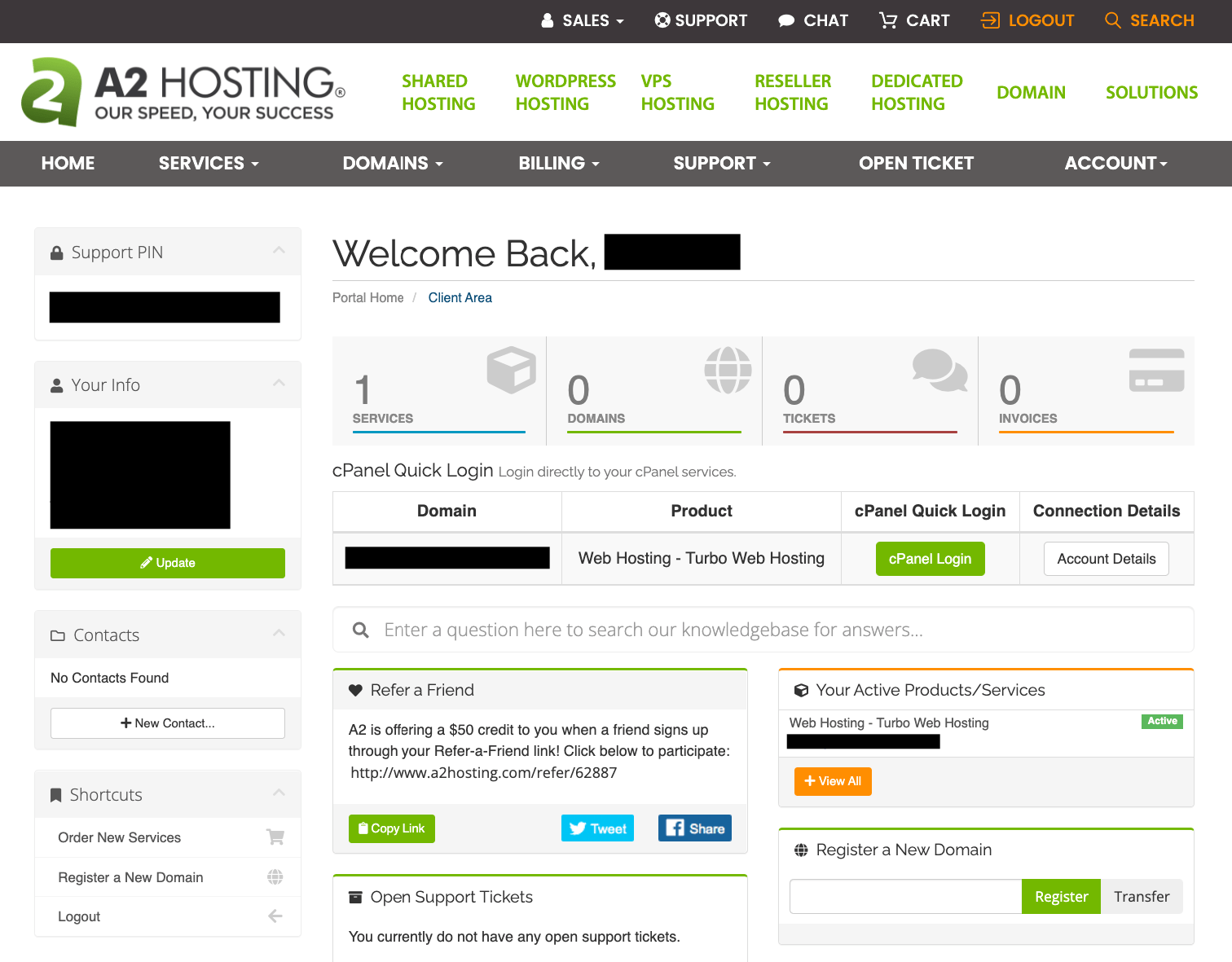 Dashboard di hosting A2