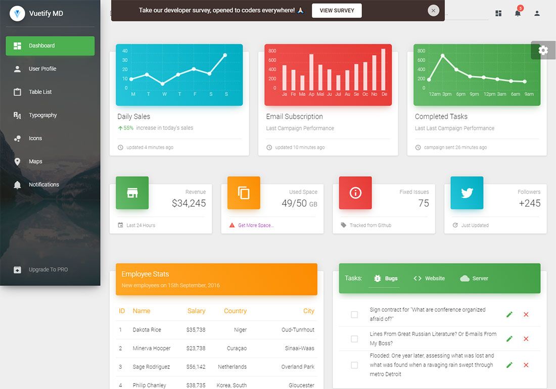 Dashboard materiale Vuetify